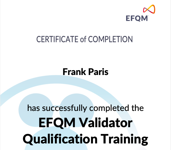 Cette image montre le certificat de Validator EFQM de Frank Paris